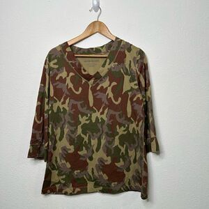 Norma‎ Kamali Women’s Army Camo Print V Neck 3/4 Sleeve Organic Cotton Size XL